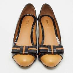 Fendi Black/Beige Leather Cap Toe Bow Detail Pumps Size 38