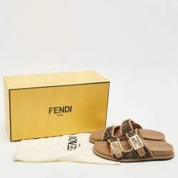 Pre Owned Fendi Brown Zucca Canvas and Leather Feel Slide Sandals Size 37