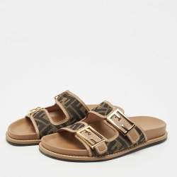 Pre Owned Fendi Brown Zucca Canvas and Leather Feel Slide Sandals Size 37