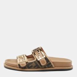 Fendi Brown Zucca Canvas and Leather Feel Slide Sandals Size 37