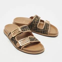Pre Owned Fendi Brown Zucca Canvas and Leather Feel Slide Sandals Size 37