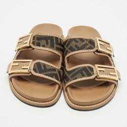 Pre Owned Fendi Brown Zucca Canvas and Leather Feel Slide Sandals Size 37