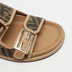Pre Owned Fendi Brown Zucca Canvas and Leather Feel Slide Sandals Size 37