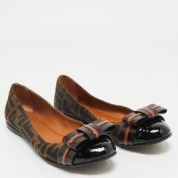 Fendi Brown/Black Zucca Canvas And Leather Bow Cap Toe Ballet Flats Size 37.5