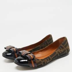 Fendi Brown/Black Zucca Canvas And Leather Bow Cap Toe Ballet Flats Size 37.5