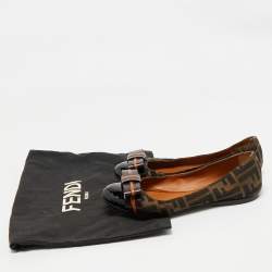 Fendi Brown/Black Zucca Canvas And Leather Bow Cap Toe Ballet Flats Size 37.5