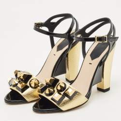 Pre Owned Fendi Gold/Black Leather and Patent Studded Ankle Strap Sandals Size 35