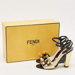 Pre Owned Fendi Gold/Black Leather and Patent Studded Ankle Strap Sandals Size 35