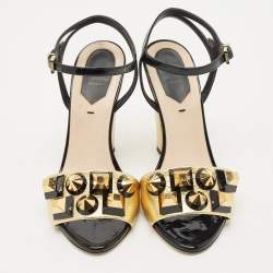 Pre Owned Fendi Gold/Black Leather and Patent Studded Ankle Strap Sandals Size 35