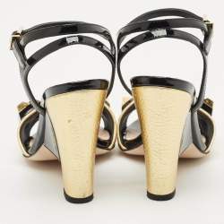 Pre Owned Fendi Gold/Black Leather and Patent Studded Ankle Strap Sandals Size 35