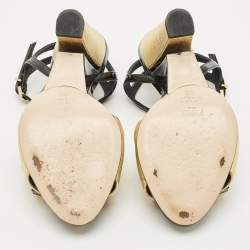 Pre Owned Fendi Gold/Black Leather and Patent Studded Ankle Strap Sandals Size 35