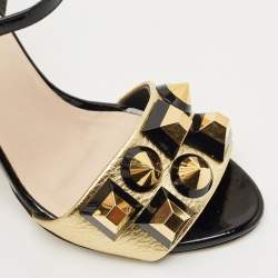 Pre Owned Fendi Gold/Black Leather and Patent Studded Ankle Strap Sandals Size 35