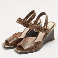 Fendi Brown Zucca Coated Canvas Motif Logo Wedge Ankle Strap Sandals Size 36