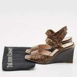 Fendi Brown Zucca Coated Canvas Motif Logo Wedge Ankle Strap Sandals Size 36