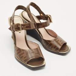 Fendi Brown Zucca Coated Canvas Motif Logo Wedge Ankle Strap Sandals Size 36