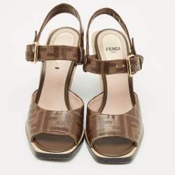 Fendi Brown Zucca Coated Canvas Motif Logo Wedge Ankle Strap Sandals Size 36
