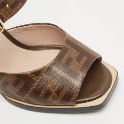 Fendi Brown Zucca Coated Canvas Motif Logo Wedge Ankle Strap Sandals Size 36