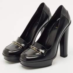 Pre Owned Fendi Black Leather Logo Loafer Platform Pumps Size 38