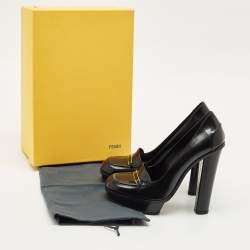 Pre Owned Fendi Black Leather Logo Loafer Platform Pumps Size 38