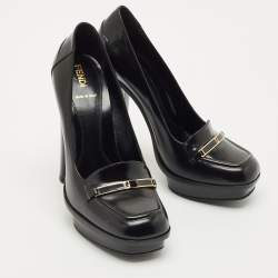 Pre Owned Fendi Black Leather Logo Loafer Platform Pumps Size 38