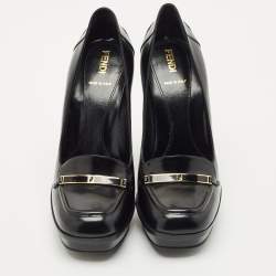 Pre Owned Fendi Black Leather Logo Loafer Platform Pumps Size 38