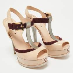 Fendi Multicolor Patent Leather Platform T-Strap Sandals Size 37.5