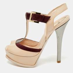Fendi Multicolor Patent Leather Platform T-Strap Sandals Size 37.5