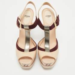 Fendi Multicolor Patent Leather Platform T-Strap Sandals Size 37.5