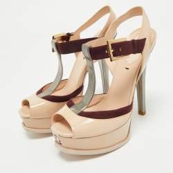 Fendi Multicolor Patent Leather Platform T-Strap Sandals Size 37.5