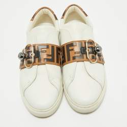 Pre Owned Fendi White/Brown Leather FF Buckle Strap Pearland Slip On Sneakers Size 40