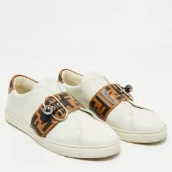 Pre Owned Fendi White/Brown Leather FF Buckle Strap Pearland Slip On Sneakers Size 40