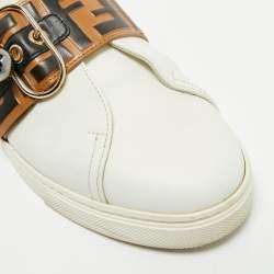 Pre Owned Fendi White/Brown Leather FF Buckle Strap Pearland Slip On Sneakers Size 40
