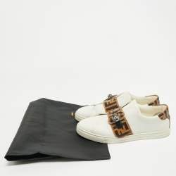 Pre Owned Fendi White/Brown Leather FF Buckle Strap Pearland Slip On Sneakers Size 40
