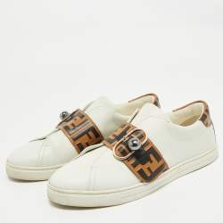 Pre Owned Fendi White/Brown Leather FF Buckle Strap Pearland Slip On Sneakers Size 40