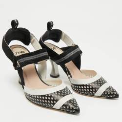 Pre Owned Fendi White/Black Zucca Canvas and Leather Colibri Slingback Pumps Size 35