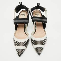 Pre Owned Fendi White/Black Zucca Canvas and Leather Colibri Slingback Pumps Size 35