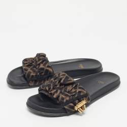 Pre Owned Fendi Black/Green Satin FF Logo Flat Slides Size 38.5