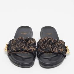 Pre Owned Fendi Black/Green Satin FF Logo Flat Slides Size 38.5