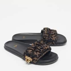 Pre Owned Fendi Black/Green Satin FF Logo Flat Slides Size 38.5