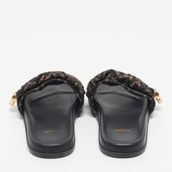 Pre Owned Fendi Black/Green Satin FF Logo Flat Slides Size 38.5