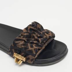 Pre Owned Fendi Black/Green Satin FF Logo Flat Slides Size 38.5