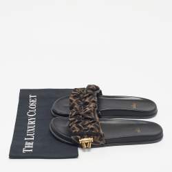 Pre Owned Fendi Black/Green Satin FF Logo Flat Slides Size 38.5
