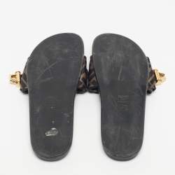 Pre Owned Fendi Black/Green Satin FF Logo Flat Slides Size 38.5