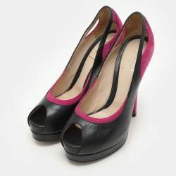 Pre Owned Fendi Pink/Black Suede and Leather Cutout Peep Toe Platform Pumps Size 38