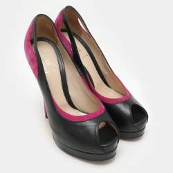 Pre Owned Fendi Pink/Black Suede and Leather Cutout Peep Toe Platform Pumps Size 38