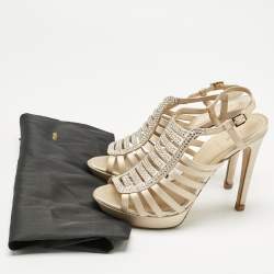 Pre Owned Fendi Beige Satin Crystal Embellished Gladiator Platform Sandals Size 39