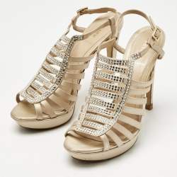 Pre Owned Fendi Beige Satin Crystal Embellished Gladiator Platform Sandals Size 39