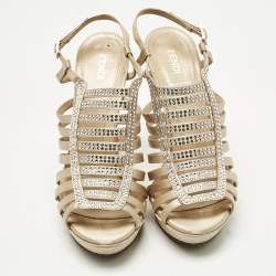 Pre Owned Fendi Beige Satin Crystal Embellished Gladiator Platform Sandals Size 39