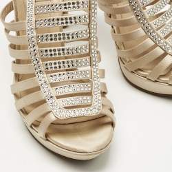 Pre Owned Fendi Beige Satin Crystal Embellished Gladiator Platform Sandals Size 39