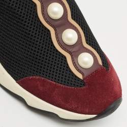 Pre Owned Fendi Black/Burgundy Mesh and Suede Pearl Technical Slip On Sneakers Size 37